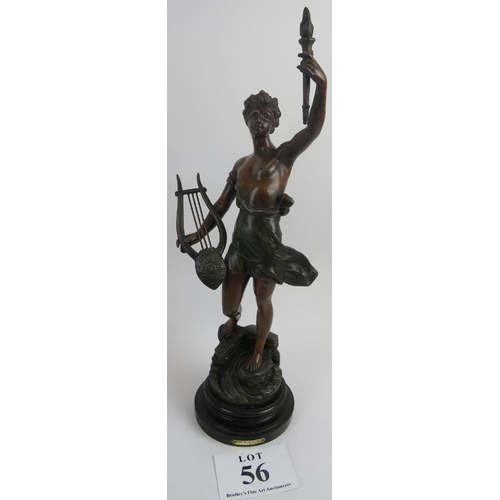 56 - L. Guillemin, two Spelter figures, industry, and genie de la musique, 54cm height. 
Condition report... 