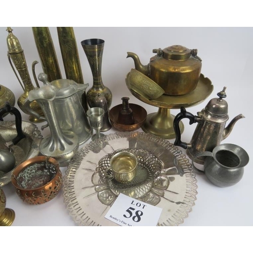 58 - Quantity of Persian, Islamic and other mixed metal ware, copper, brass and plated items. (qty).
Cond... 