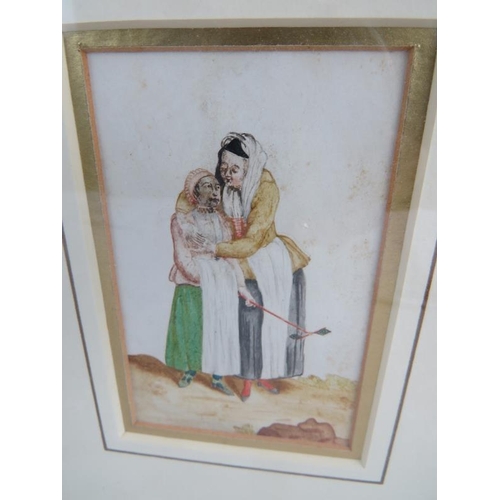 588 - 19th Century School - 'Two figures embracing, one holding a contraption', watercolour, 9cm x 6cm, fr... 