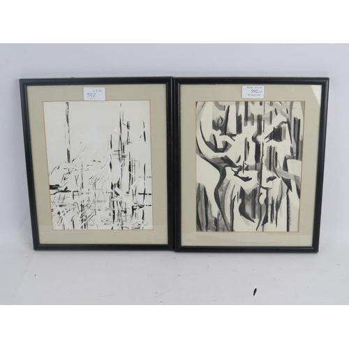 592 - Ben Lowe (b.1976) - 'Abstract Studies', two, mixed media, signed, 24cm x 19cm, framed. 
Condition re... 