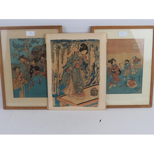 593 - Japanese School (19th century) - three woodcut prints on fabric, 32cm x 22cm, 28cm x 18cm, 26cm x 18... 