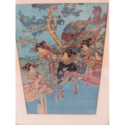 593 - Japanese School (19th century) - three woodcut prints on fabric, 32cm x 22cm, 28cm x 18cm, 26cm x 18... 