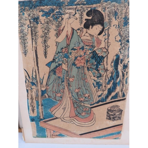 593 - Japanese School (19th century) - three woodcut prints on fabric, 32cm x 22cm, 28cm x 18cm, 26cm x 18... 