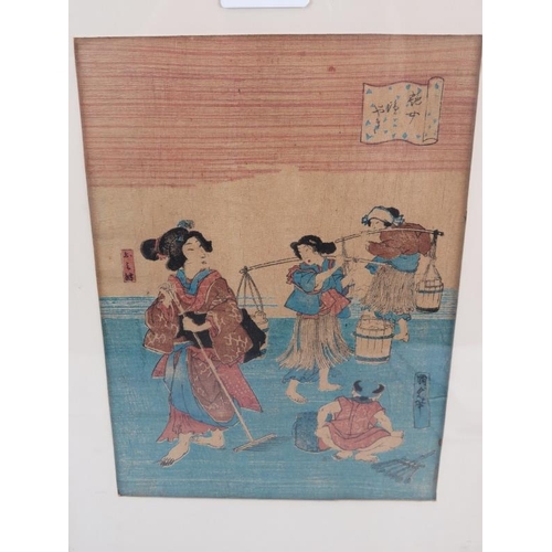 593 - Japanese School (19th century) - three woodcut prints on fabric, 32cm x 22cm, 28cm x 18cm, 26cm x 18... 