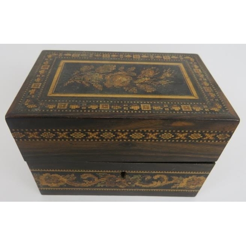 61 - A 19th century Tunbridge Ware rosewood box with floral panel to lid & velvet lining. 12cm x 7.5cm x ... 