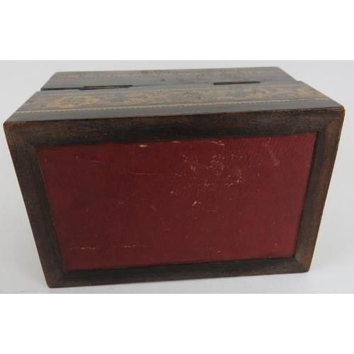 61 - A 19th century Tunbridge Ware rosewood box with floral panel to lid & velvet lining. 12cm x 7.5cm x ... 