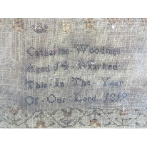 71 - A Georgian needlework sampler by Catherine Woodings, aged 14, 1819. Mounted in a period maple frame ... 