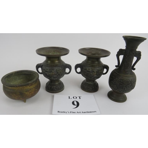 9 - Four Japanese bronzes, pair of flared rim vases 11cm height. Single vase 15cm, all with bird and bra... 