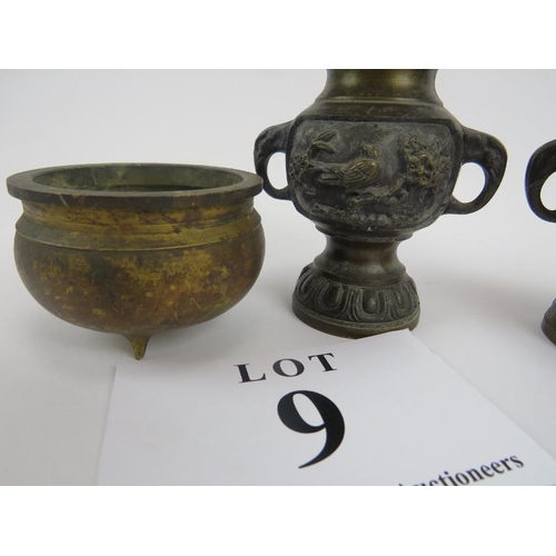 9 - Four Japanese bronzes, pair of flared rim vases 11cm height. Single vase 15cm, all with bird and bra... 