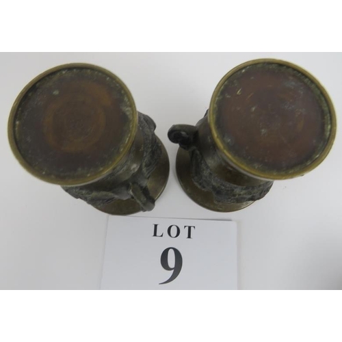 9 - Four Japanese bronzes, pair of flared rim vases 11cm height. Single vase 15cm, all with bird and bra... 