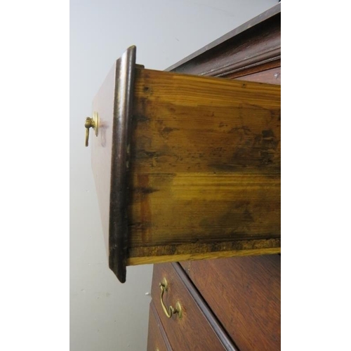 701 - An 18th century oak chest on stand, housing two short over three long drawers with brass batwing esc... 