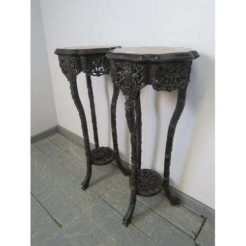 703 - A pair of antique Chinese rosewood two-tier plant stands, the shaped tops with inset red marble, abo... 