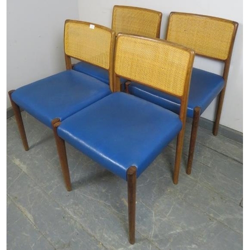 706 - A set of four mid-century Danish teak ‘Model 80’ dining chairs by Niels Moller, with woven rattan ba... 