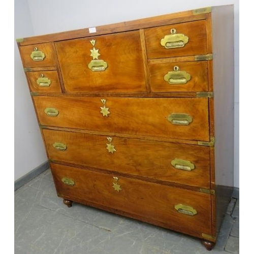 713 - An exceptional 19th century Irish walnut and brass bound military campaign chest, attributed to Greg... 