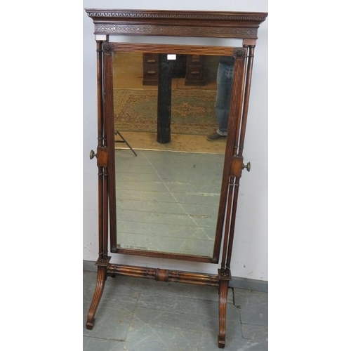 716 - A Georgian Revival mahogany cheval mirror, in the Chinese Chippendale taste, with Greek key cornice ... 