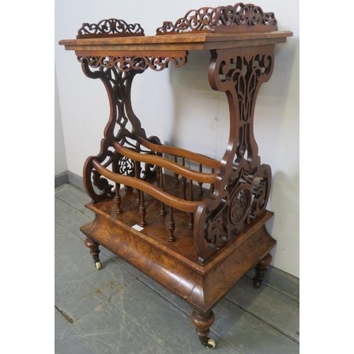 717 - A Victorian burr walnut two-tier Canterbury whatnot, with carved and pierced ¾ gallery and side supp... 