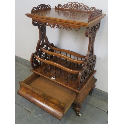 717 - A Victorian burr walnut two-tier Canterbury whatnot, with carved and pierced ¾ gallery and side supp... 