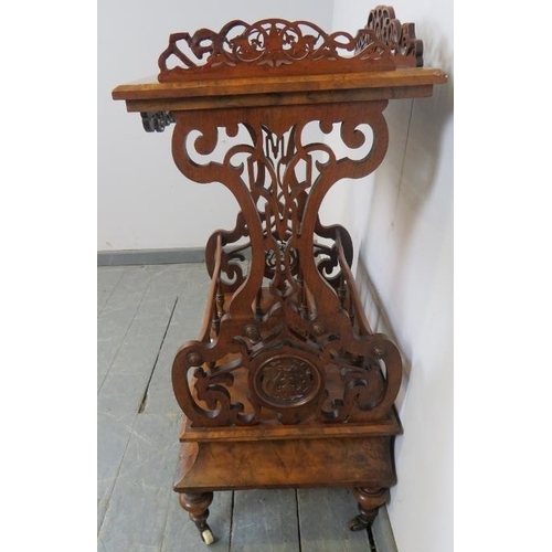 717 - A Victorian burr walnut two-tier Canterbury whatnot, with carved and pierced ¾ gallery and side supp... 