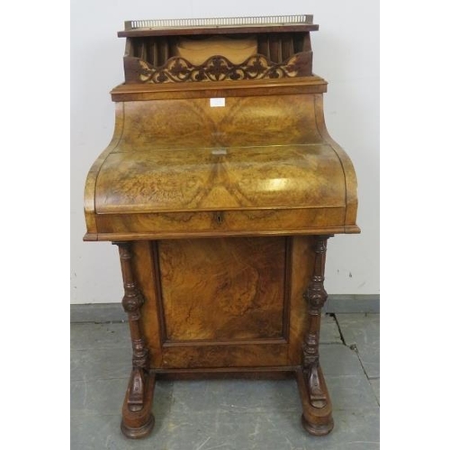 719 - A good Victorian burr walnut piano-top Davenport, with brass ¾ gallery and rising stationary compart... 