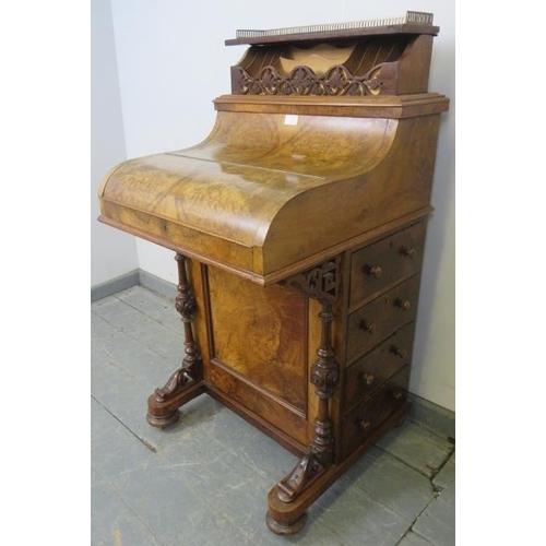 719 - A good Victorian burr walnut piano-top Davenport, with brass ¾ gallery and rising stationary compart... 