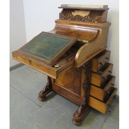 719 - A good Victorian burr walnut piano-top Davenport, with brass ¾ gallery and rising stationary compart... 