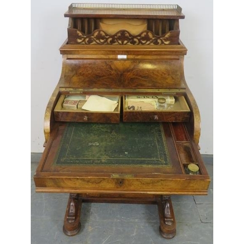 719 - A good Victorian burr walnut piano-top Davenport, with brass ¾ gallery and rising stationary compart... 