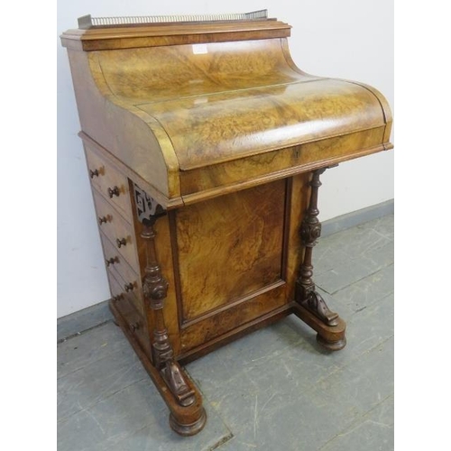 719 - A good Victorian burr walnut piano-top Davenport, with brass ¾ gallery and rising stationary compart... 