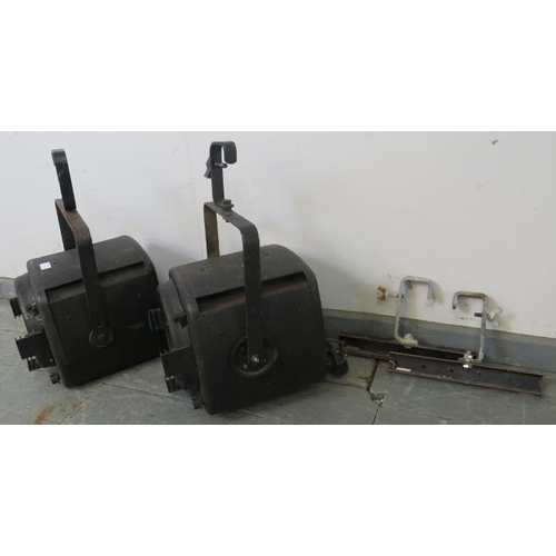 725 - A pair of vintage English made stage lights, with mounting brackets. 
H54cm W33cm D33cm (approx).
Co... 