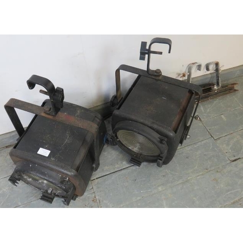 725 - A pair of vintage English made stage lights, with mounting brackets. 
H54cm W33cm D33cm (approx).
Co... 