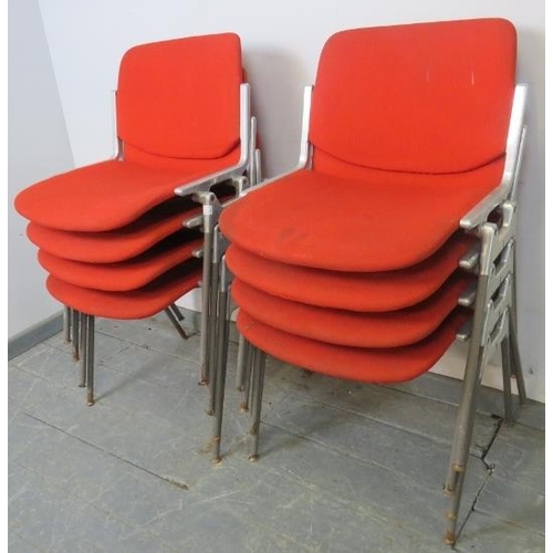 731 - A set of eight vintage mid-century cast aluminium and steel stacking chairs by Castelli, upholstered... 