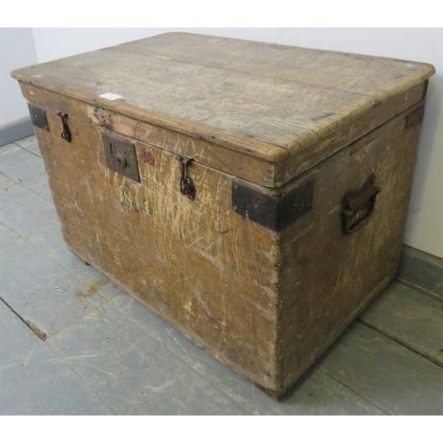 732 - A 19th century pine flat top steamer trunk, bearing hand painted date ‘1844’. 
H45cm W67cm D44cm (ap... 