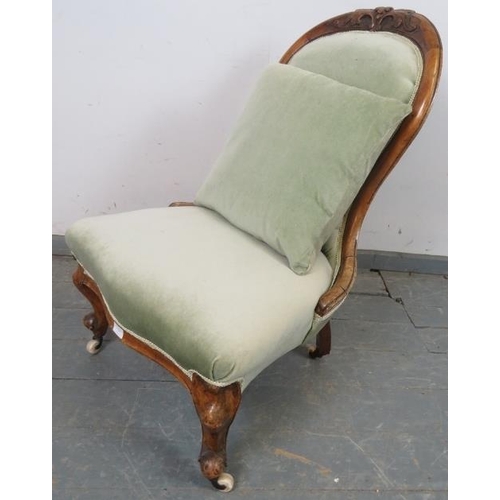 735 - A Victorian walnut spoonback bedroom chair, upholstered in pale green velvet material with matching ... 