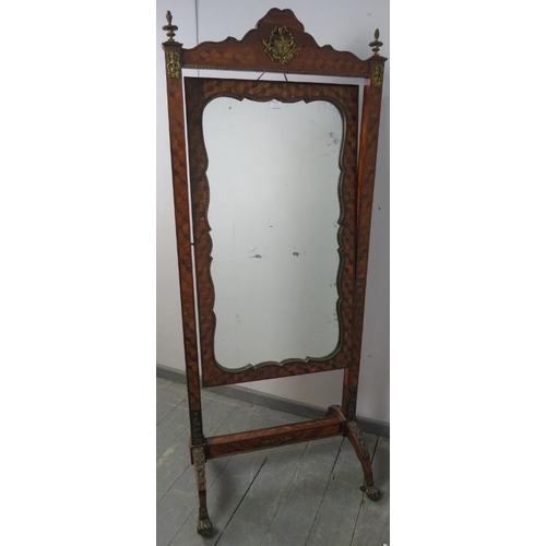 751 - A fine 19th century French parquetry inlaid cheval mirror, with ormolu mounts and finials, on splaye... 