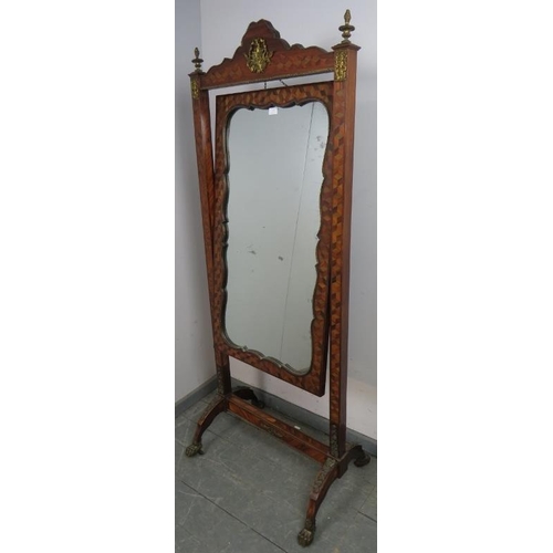 751 - A fine 19th century French parquetry inlaid cheval mirror, with ormolu mounts and finials, on splaye... 