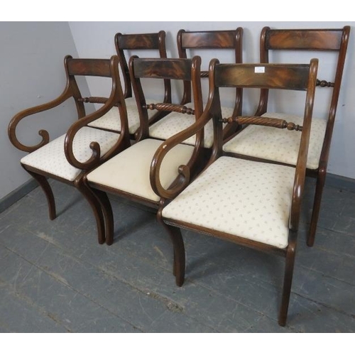 754 - A set of six (4+2) Regency Period rope back dining chairs, with drop-in seat pads upholstered in a c... 