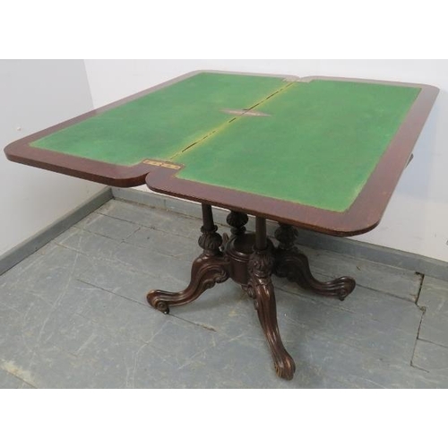 756 - A Victorian oak and mahogany turnover card table, with green baize and two blind drawers under, over... 