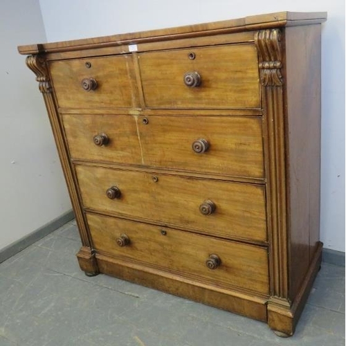 766 - A Victorian mahogany chest of two short over three long graduated cock-beaded drawers with original ... 