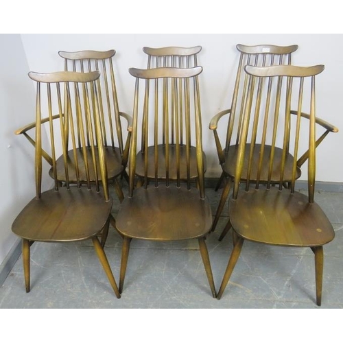 770 - A set of six (4+2) mid-century elm and beech Goldsmith dining chairs by Ercol, on canted supports wi... 