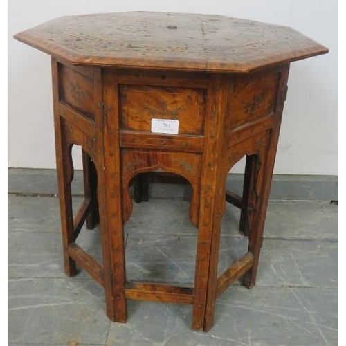 781 - An early 20th century Islamic hardwood octagonal occasional table, featuring brass and parquetry inl... 