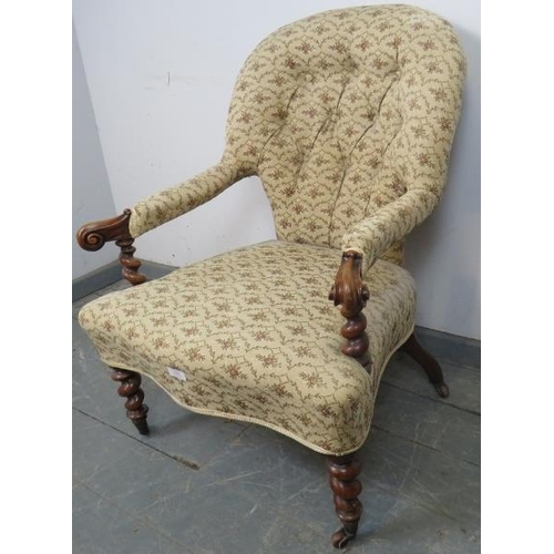 799 - A Victorian walnut open-sided armchair, with barley twist uprights and scrolled arms, upholstered in... 