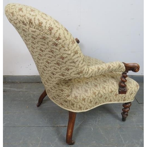 799 - A Victorian walnut open-sided armchair, with barley twist uprights and scrolled arms, upholstered in... 