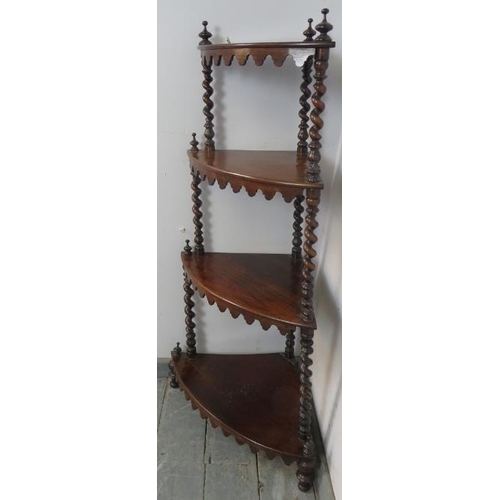 801 - A Victorian rosewood four-tier corner whatnot, with barley twist uprights and turned finials, each s... 