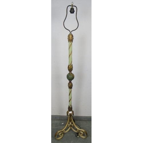 816 - An ornate metal standard lamp in the Florentine taste, with painted rope twist column and gilt acant... 