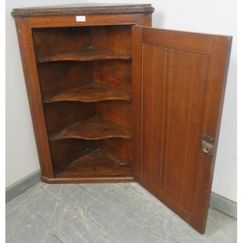 820 - A Georgian oak wall-hanging corner cupboard, with panelled door and three fitted shelves. 
H94cm W62... 