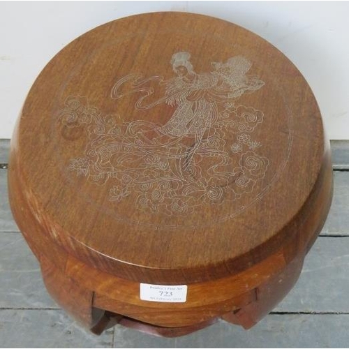 826 - A vintage Chinese huanghuali wood barrel stool, the top with fine silver inlay depicting a maiden in... 