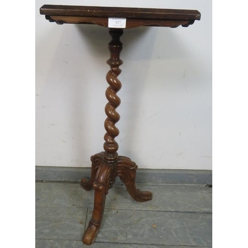 827 - A Victorian mahogany and walnut square wine table, with hand-painted decoration, on a tapering barle... 