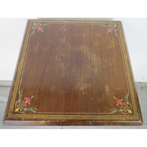 827 - A Victorian mahogany and walnut square wine table, with hand-painted decoration, on a tapering barle... 