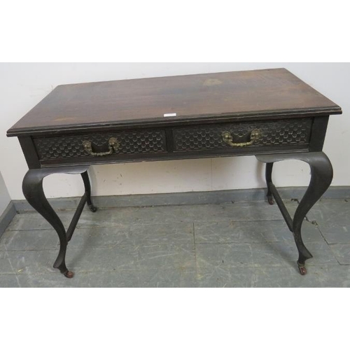 834 - An Edwardian mahogany console table, housing two short drawers with blind fretwork detail and fancy ... 