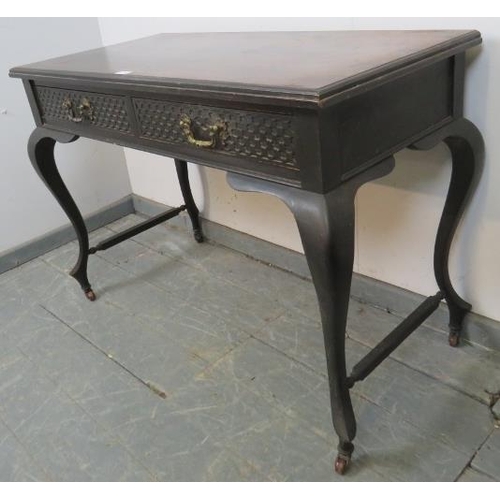 834 - An Edwardian mahogany console table, housing two short drawers with blind fretwork detail and fancy ... 