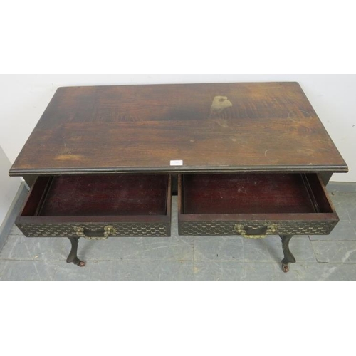 834 - An Edwardian mahogany console table, housing two short drawers with blind fretwork detail and fancy ... 